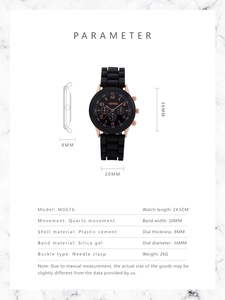 Detailed parameter diagram for Geneva quartz watch with silicone strap and M0676 model specs