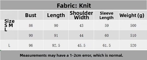 Detailed size chart for the knit long sleeve dress including measurements and weight