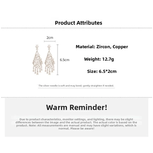 Détail de boucles d'oreilles pompons en zircon luxe montrant dimensions 6,5x2cm et poids 12,7g