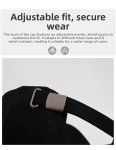 Detail of adjustable silver metal buckle and black fabric strap on baseball cap