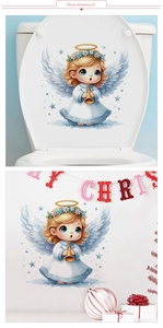 Detailed view of angel Christmas stickers on a white toilet lid and decorated wall