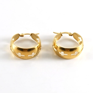 Polished gold stainless steel hoop earrings with hollow cross cutouts for women