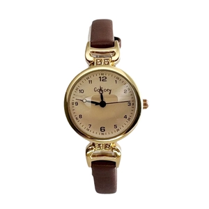 Elegant gold small dial watch with brown leather strap and rhinestone details