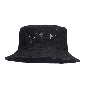 Black denim bucket hat with sparkling rhinestone star patterns for outdoor sun protection