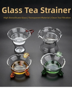Detailed view of four heat-resistant borosilicate glass tea strainers with colorful handles