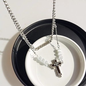 Double-layered hip hop cross necklace with white beads on silver-tone cuban chains