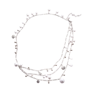 Layered silver metal waist chain with imitation pearls and shell charms for women