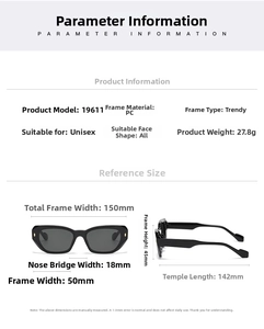 Detailed size chart for black PC sunglasses showing frame width 150mm and lens height 45mm