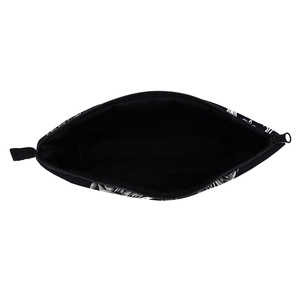 Waterproof black makeup bag with white feather pattern and spacious interior view