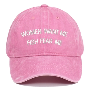 Detail of pink washed cotton baseball cap with white embroidery Women Want Me Fish Fear Me
