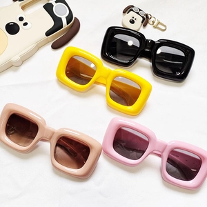 Fashionable chunky square frame children's sunglasses in black, yellow, beige and pink