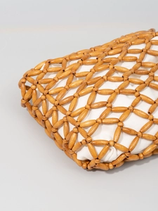 Handcrafted wooden bead woven handbag with canvas liner and natural wood texture