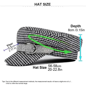 British style navy cap with diamond leather buckle and size chart for women's beret hat
