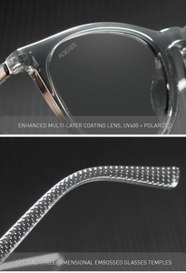 Detail of polarized lenses and 3D textured temples on transparent grey sport sunglasses