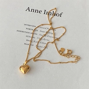 Minimalist 925 sterling silver heart pendant necklace with gold beaded satellite chain