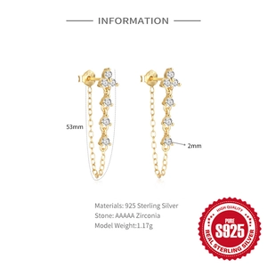 Detail of long 925 sterling silver chain earrings with AAAAA zirconia stones