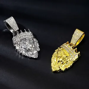 Hip hop crown lion head pendant with iced out rhinestones in gold and silver finish