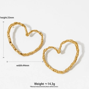 Textured gold heart-shaped earrings in 316 stainless steel with a liquid lava surface