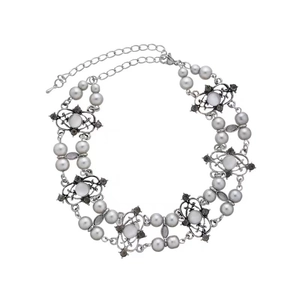 Y2K punk star necklace with silver metal beads, grey pearls and sparkling gemstones