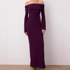 Detail of off-shoulder dark purple slim fit knit maxi dress with elegant twist ruching