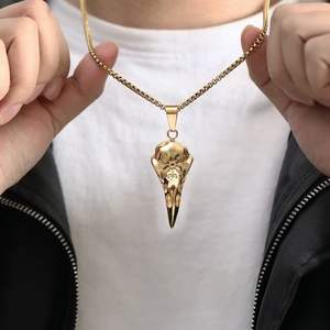 Vintage gold viking raven skull pendant necklace with compass engraving for men