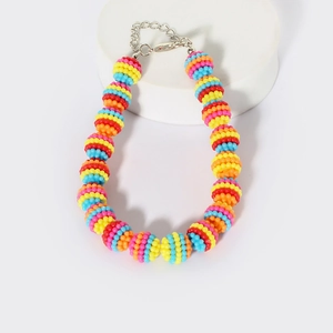 Dettaglio del collare per cani con perle arcobaleno, perline colorate e catena argento