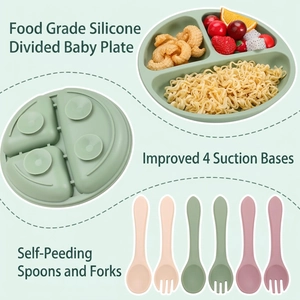 Silicone baby feeding set with divided suction plate and matching spoon fork utensils