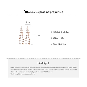 Detailed size specifications for shell tassel drop earrings with glass bead accents