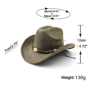 Detailed dimensions of a green suede cowboy hat with shell and bead band decoration