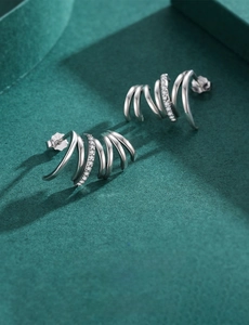Detailed close-up of S925 sterling silver multi-layer curved earrings with white zircons