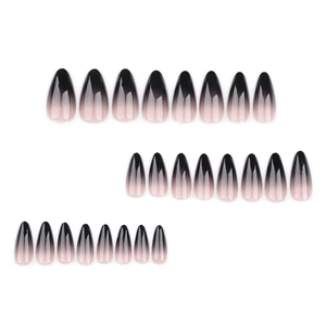 Short almond press-on nails featuring black French gradient design for Halloween