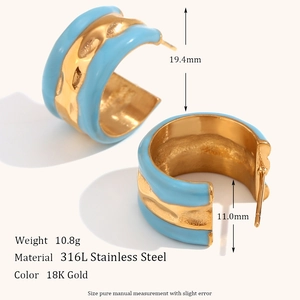 Detailed view of blue enamel 18K gold plated stainless steel C-shaped earrings with dimensions