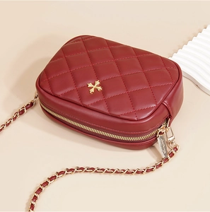 Detail of red quilted crossbody bag with gold chain strap and metallic zipper closure