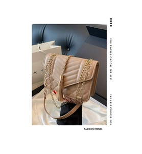 Close-up of beige quilted leather bag with V-shaped stitching and long tassel detail