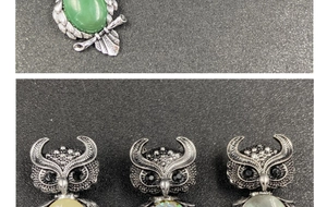 Detailed retro owl pendant with inlaid green aventurine and carved metal feathers