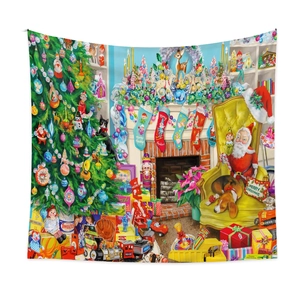Detailaufnahme von Weihnachtswandteppich mit Nikolaus, Kamin und Tannenbaum-Motiv