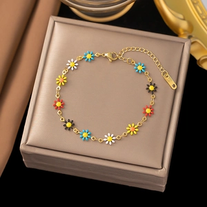 Pulsera de margaritas de colores en acero inoxidable dorado para mujer