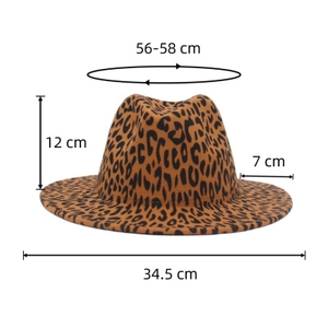 Detaillierte Größentabelle für den Fedora-Hut mit Leopardenmuster und Maßen der Krempe