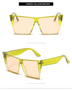 Front and side views of square oversized green-yellow sunglasses with brown lenses