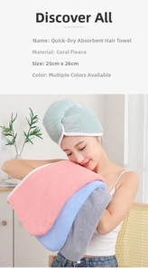 Detail view of thickened coral fleece hair towel wrap with button closure and dimensions
