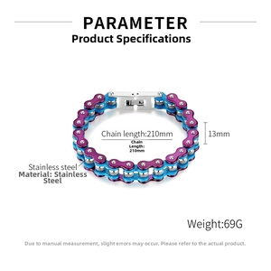 Detail view of purple and blue stainless steel motor chain bracelet with dimensions