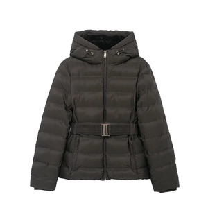 Women's black slim-fit hooded jacket with waist belt and warm faux fur lining