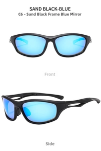 Front and side views of sport polarized sunglasses with sand black frames and blue lenses