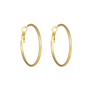 Detailed view of large gold polished stainless steel hoop earrings with secure closure