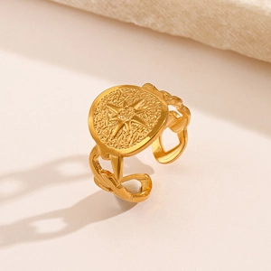Stainless Steel Ring Eight Pointed Star North Star Compass Relief Adjustable Open Gold Plated Retro Bohemian For Women