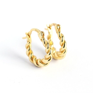 Minimalist S925 sterling silver twist hoop earrings with vintage gold textured finish
