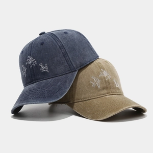 Casquettes de baseball vintage en coton délavé avec broderie oiseau bleu et kaki
