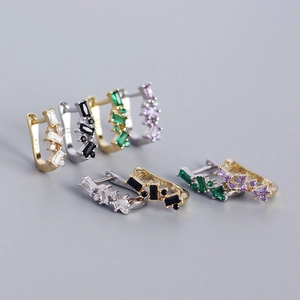 U-shaped S925 silver huggie earrings with colorful zirconia in gold and silver plating