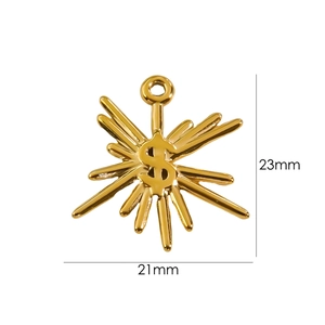 Gold stainless steel starburst pendant with dollar sign, measuring 23mm by 21mm