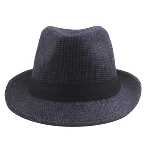 Deep blue textured wool fedora hat with black decorative ribbon on white background
